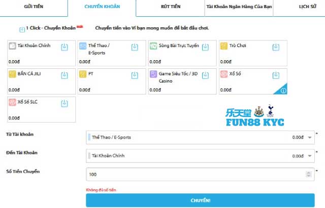 Thao tác chuyển quỹ từ ví phụ về ví chính trước khi thực hiện rút tiền Fun88