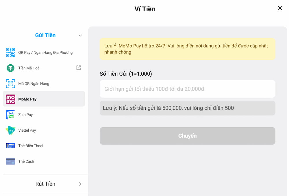 Nạp tiền chỉ với 3 bước thông qua ví điện tử Momo Pãy